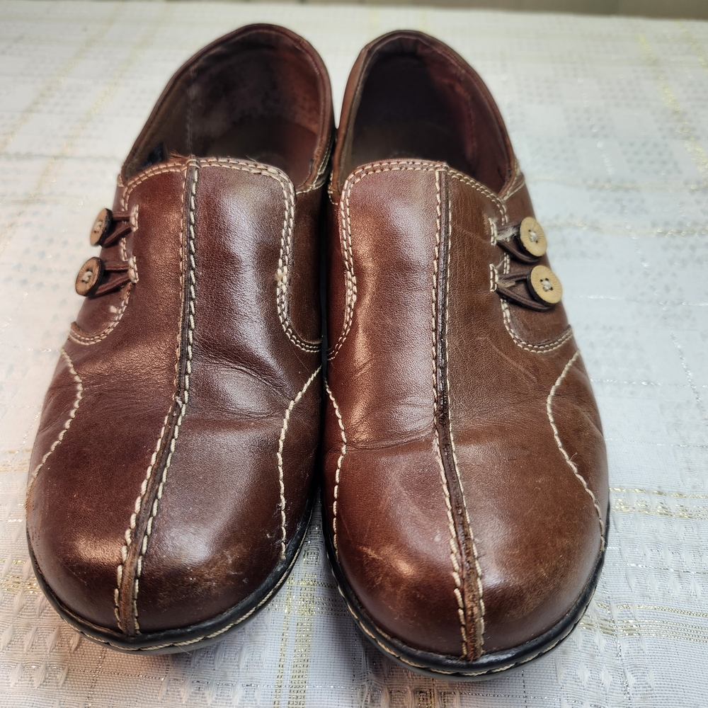 Clarks Brown Leather Slip-On Flats with Button Detail